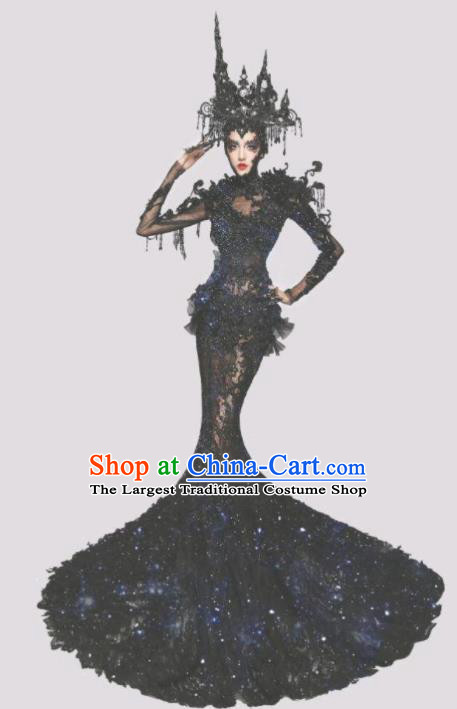 Handmade Modern Fancywork Stage Show Witch Black Trailing Full Dress Halloween Cosplay Queen Fancy Ball Costume for Women