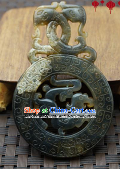 Chinese Handmade Jewelry Accessories Carving Dragons Gray Jade Pendant Ancient Traditional Jade Craft Decoration