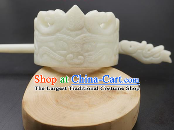 Handmade Chinese White Jade Carving Hairdo Crown Ancient Swordsman Jade Hairpins Hair Accessories for Women for Men