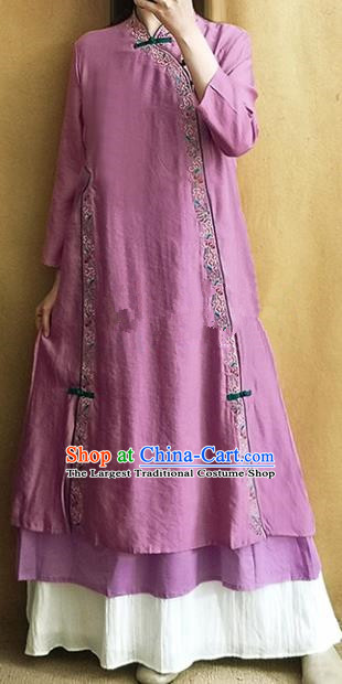 Traditional Chinese Tang Suit Embroidered Purple Cheongsam Linen Qipao Dress National Costume for Women