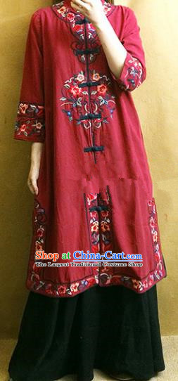Traditional Chinese Embroidered Flowers Red Long Coat Tang Suit Outer Garment National Costume for Women