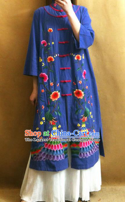 Traditional Chinese Embroidered Peacock Peony Royalblue Coat Tang Suit Outer Garment National Costume for Women