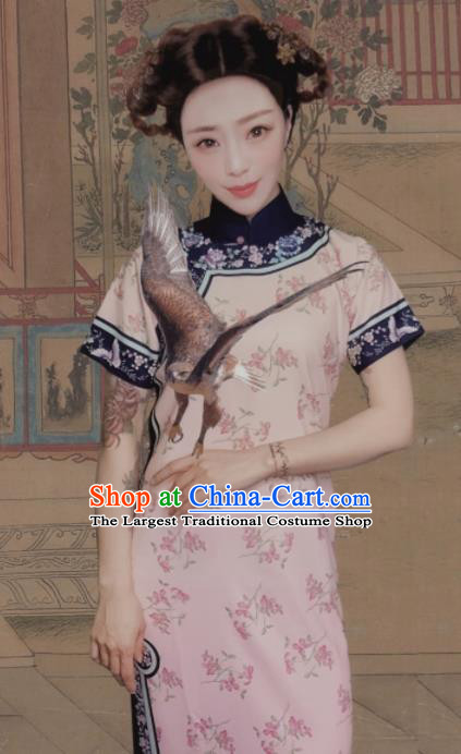 Traditional Chinese Printing Pink Cheongsam Tang Suit Qipao Dress National Costume for Women