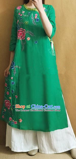 Traditional Chinese Embroidered Peony Green Dress Tang Suit Cheongsam National Costume for Women
