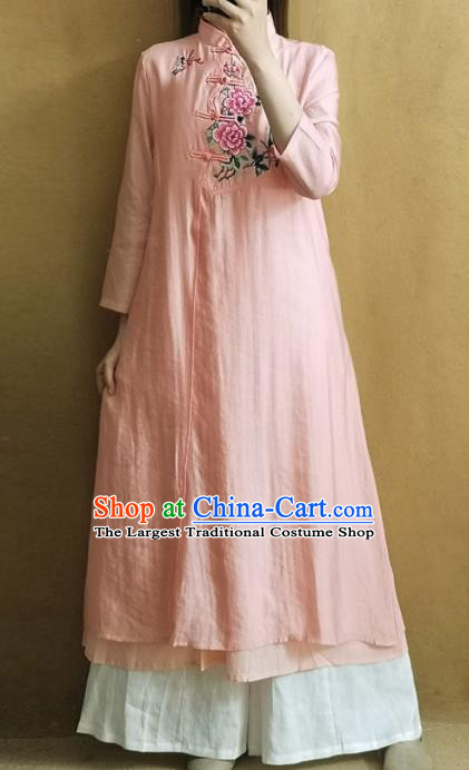 Traditional Chinese Embroidered Peony Pink Rayon Qipao Dress Tang Suit Cheongsam National Costume for Women