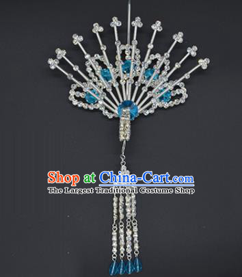 Chinese Handmade Beijing Opera Blue Crystal Phoenix Hairpins Traditional Ancient Princess Hair Accessories for Women