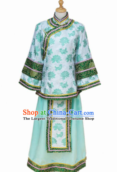 Traditional Chinese Republican Period Young Mistress Green Dress Ancient Landlord Shiva Costume for Women