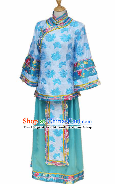 Traditional Chinese Republican Period Young Mistress Blue Dress Ancient Landlord Shiva Costume for Women