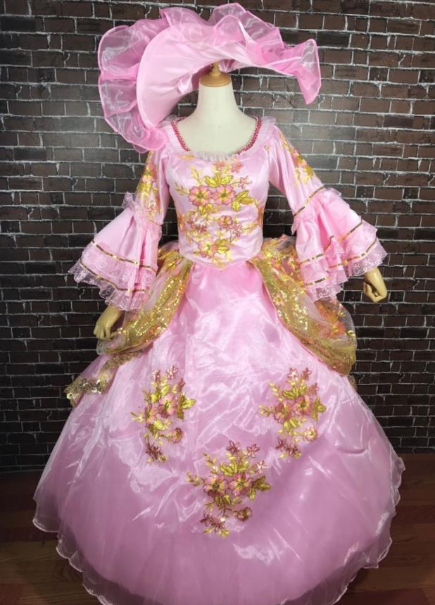 Europe Medieval Traditional Princess Costume European Flower Peri Pink Dress for Women