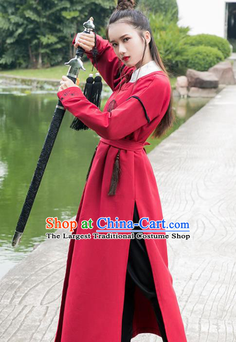 Traditional Chinese Tang Dynasty Young Swordswoman Red Robe Ancient Female Knight Costume for Women