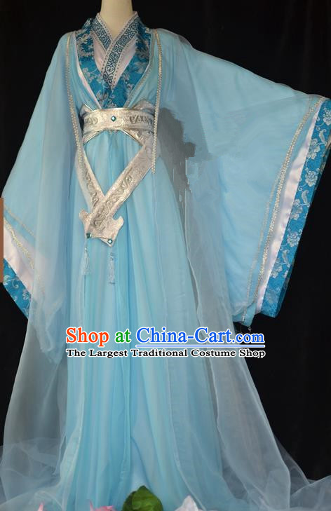 Traditional Chinese Cosplay Swordswoman Blue Hanfu Dress Ancient Peri Princess Costume for Women