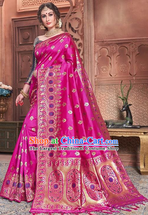 Indian Traditional Costume Asian India Embroidered Rosy Sari Dress Bollywood Court Queen Clothing for Women