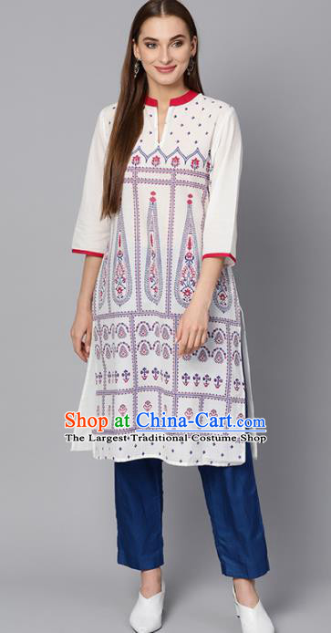 Asian India Traditional Informal Costumes South Asia Indian National White Blouse and Pants for Women