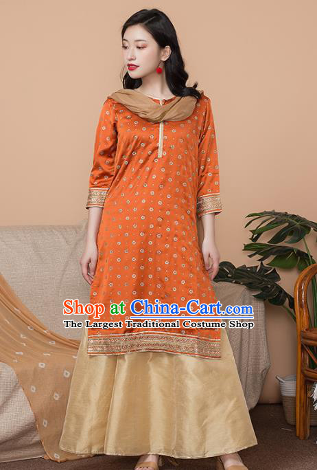 Asian India Traditional Informal Punjabi Costumes South Asia Indian National Orange Blouse and Dress for Women