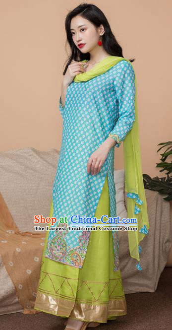 Asian India Traditional Informal Punjabi Costumes South Asia Indian National Blue Blouse and Dress for Women