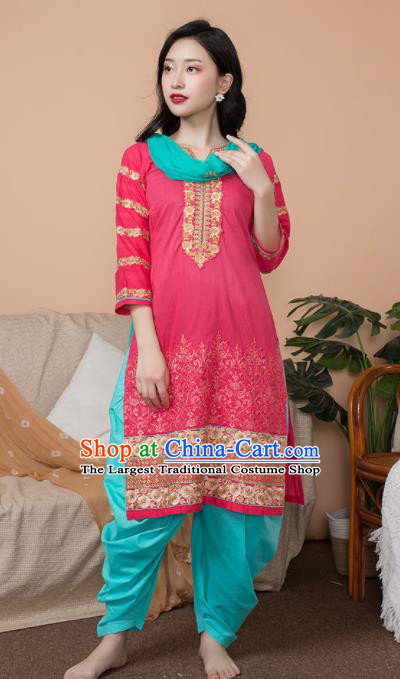 Asian India Traditional Informal Punjabi Costumes South Asia Indian National Rosy Blouse and Pants for Women