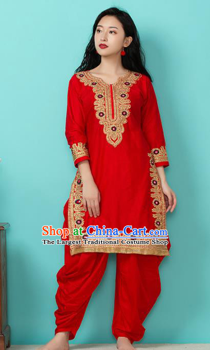Asian India Traditional Punjabi Costumes South Asia Indian National Informal Red Blouse and Pants for Women