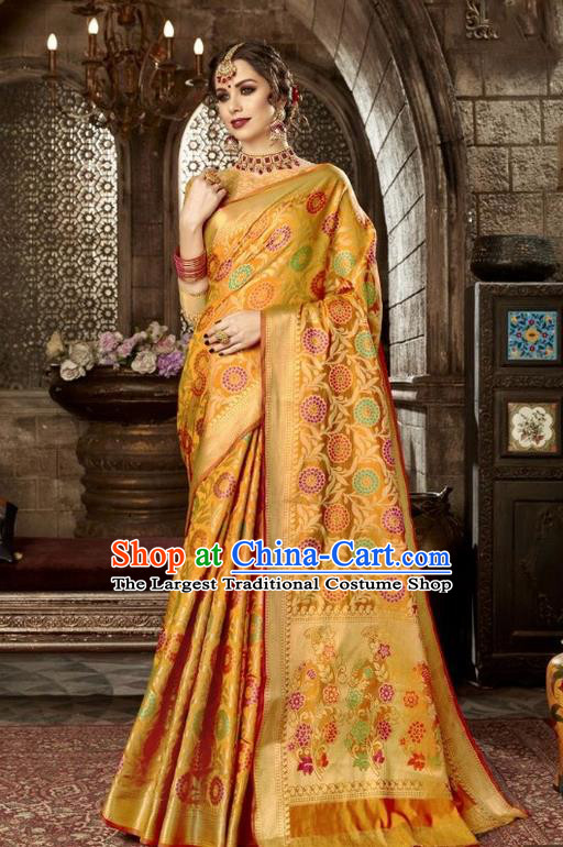 Asian India Traditional Golden Sari Dress Indian Court Costume Bollywood Queen Clothing for Women