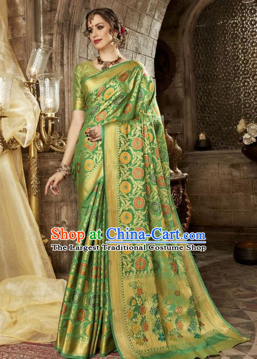 Asian India Traditional Green Sari Dress Indian Court Costume Bollywood Queen Clothing for Women