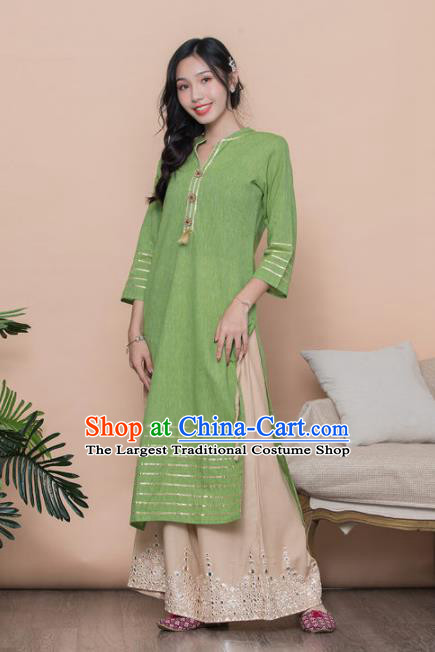 Asian India Traditional Costumes South Asia Indian National Green Blouse and Pants for Women