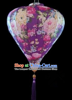 Chinese Traditional Lantern Handmade Printing Peony Deep Purple Lanterns Ceiling Lamp New Year Lantern