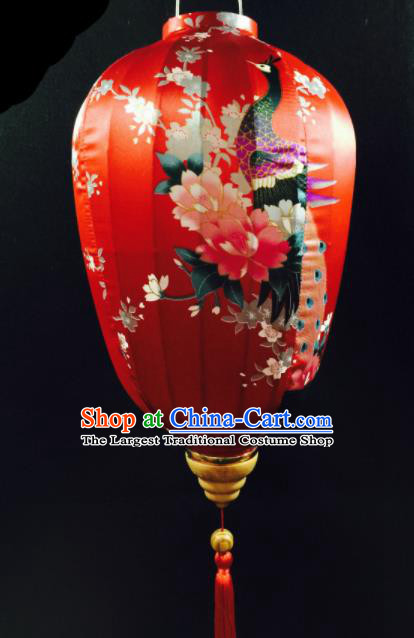 Chinese Traditional Lantern Handmade Printing Peacock Red Lanterns Ceiling Lamp New Year Lantern