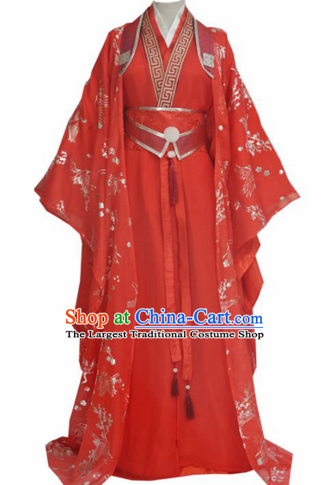 Traditional Chinese Tang Dynasty Swordsman Red Clothing Ancient Bridegroom Costume for Men
