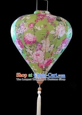 Chinese Traditional Lantern Handmade Printing Peony Green Lanterns Ceiling Lamp New Year Lantern