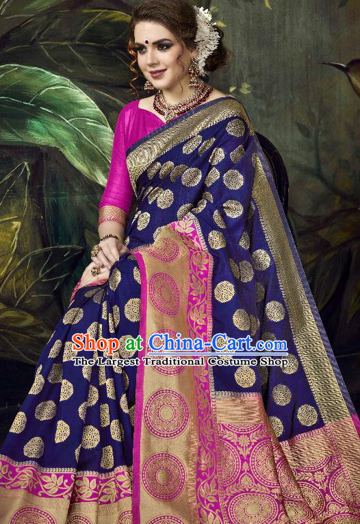 Asian India Traditional Bollywood Deep Blue Sari Dress Indian Court Queen Costume for Women