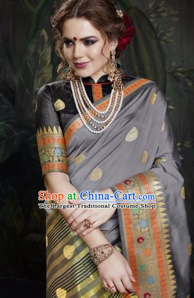 Asian India Traditional Bollywood Grey Sari Dress Indian Court Queen Costume for Women