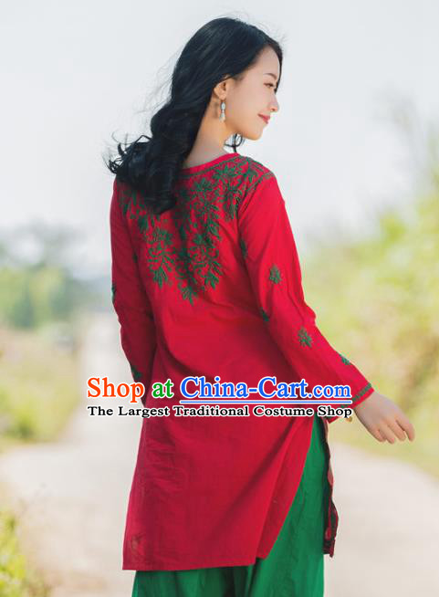 South Asian India Traditional Punjabi Costumes Asia Indian National Red Blouse and Pants for Women