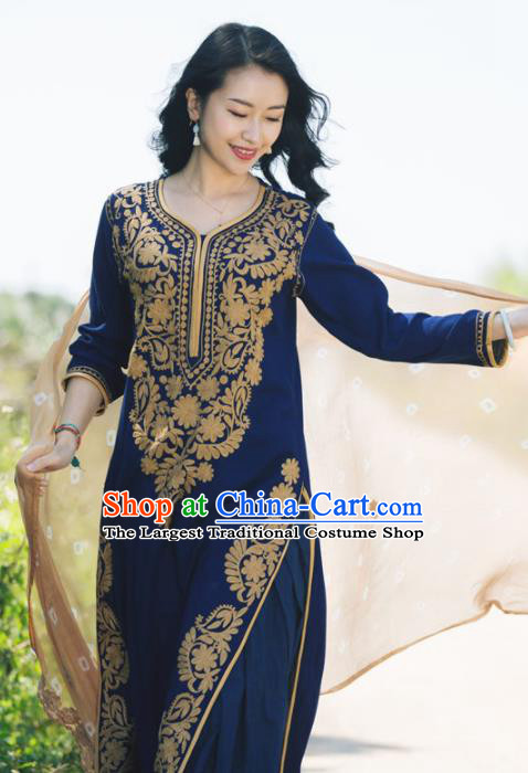 South Asian India Traditional Punjabi Costumes Asia Indian National Royalblue Blouse and Pants for Women