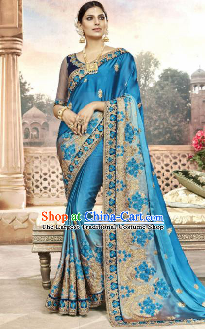 India Traditional Bollywood Blue Sari Dress Asian Indian Court Wedding Bride Costume for Women
