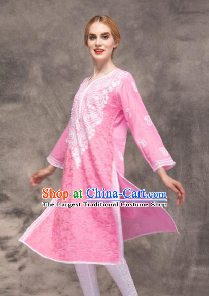 South Asian India Traditional Yoga Costumes Asia Indian National Punjabi Pink Blouse and Pants for Women