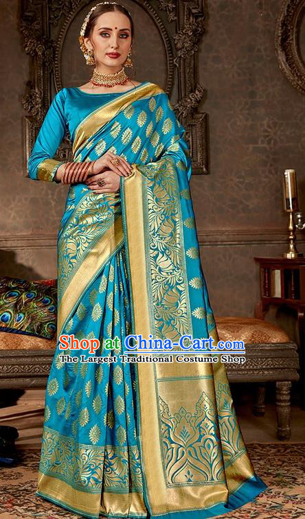 India Traditional Bollywood Light Blue Sari Dress Asian Indian Court Wedding Bride Costume for Women