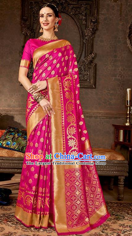 India Traditional Bollywood Rosy Sari Dress Asian Indian Court Wedding Bride Costume for Women