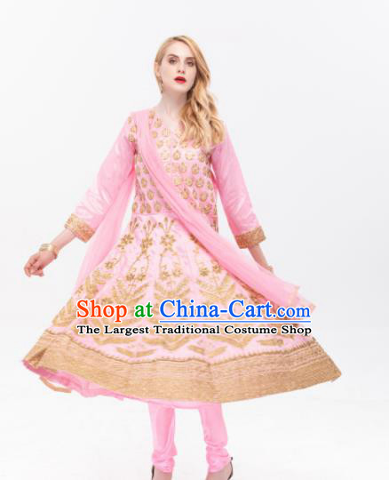 South Asian India Traditional Pink Costumes Asia Indian National Punjabi Dress and Pants for Women