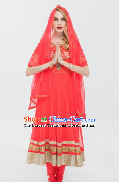 South Asian India Traditional Watermelon Red Costumes Asia Indian National Punjabi Dress and Pants for Women