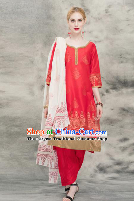 South Asian India Traditional Yoga Dress Asia Indian National Red Punjabi Suit Costume for Women