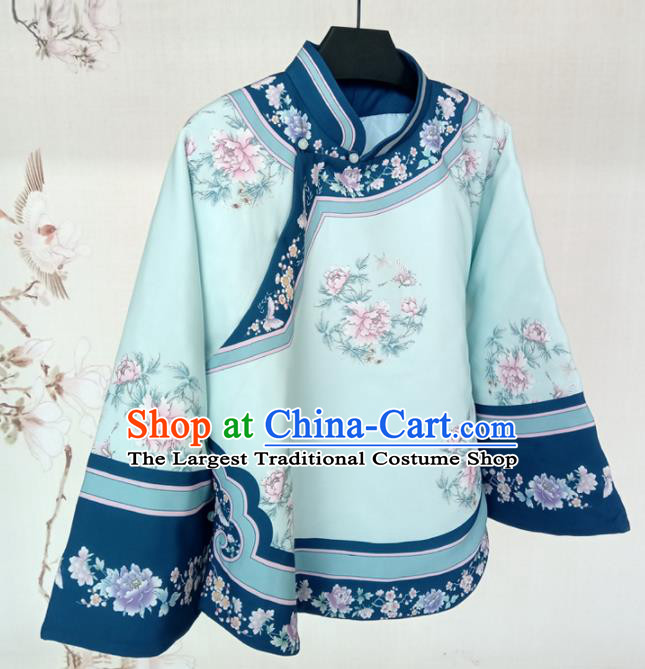 Traditional Chinese Tang Suit Printing Peony Green Blouse Upper Outer Garment National Costume for Women