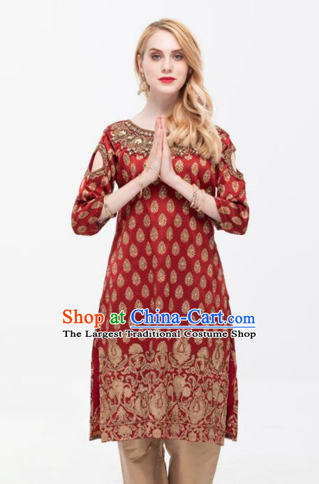 South Asian India Traditional Purplish Red Dress Asia Indian National Punjabi Suit Costume for Women