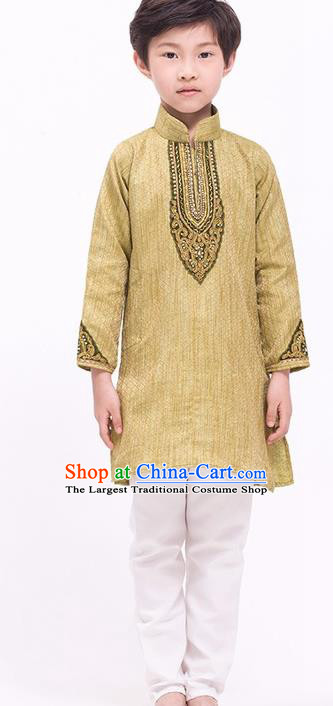 South Asian India Traditional Costume Golden Shirt and Pants Asia Indian National Suit for Kids