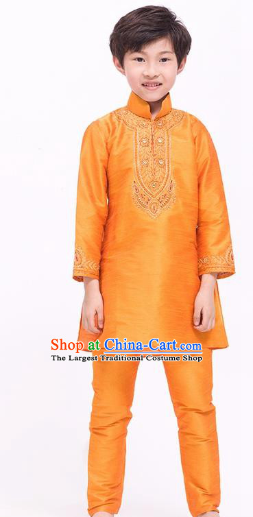 South Asian India Traditional Costume Orange Shirt and Pants Asia Indian National Suit for Kids