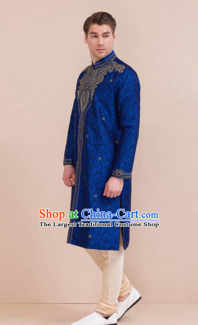 South Asian India Traditional Costume Royalblue Robe and Pants Asia Indian National Suit for Men