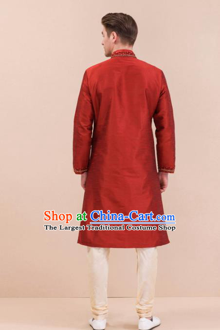 South Asian India Traditional Costume Red Robe and Pants Asia Indian National Suit for Men