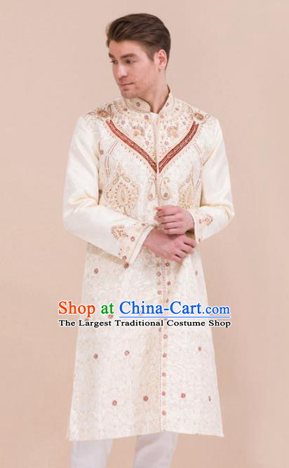 South Asian India Traditional Costume White Coat and Pants Asia Indian National Suit for Men