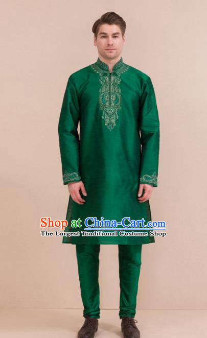 South Asian India Traditional Costume Green Coat and Pants Asia Indian National Suit for Men