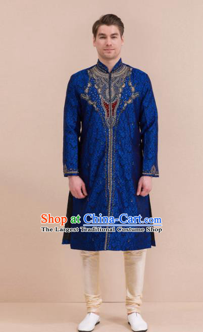 South Asian India Traditional Costume Royalblue Coat and Pants Asia Indian National Suit for Men