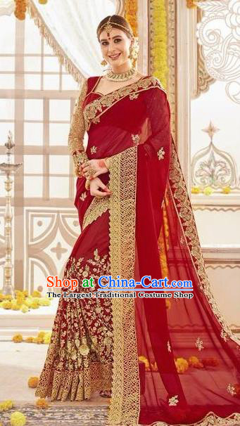 Asian India Traditional Wedding Bride Sari Dress Indian Bollywood Court Wine Red Costume for Women