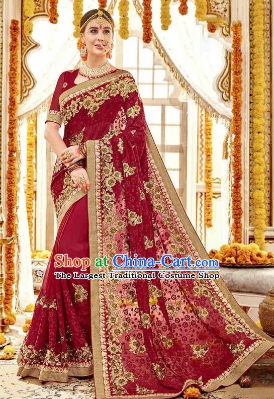 Asian India Traditional Court Wedding Sari Dress Indian Bollywood Bride Wine Red Costume for Women